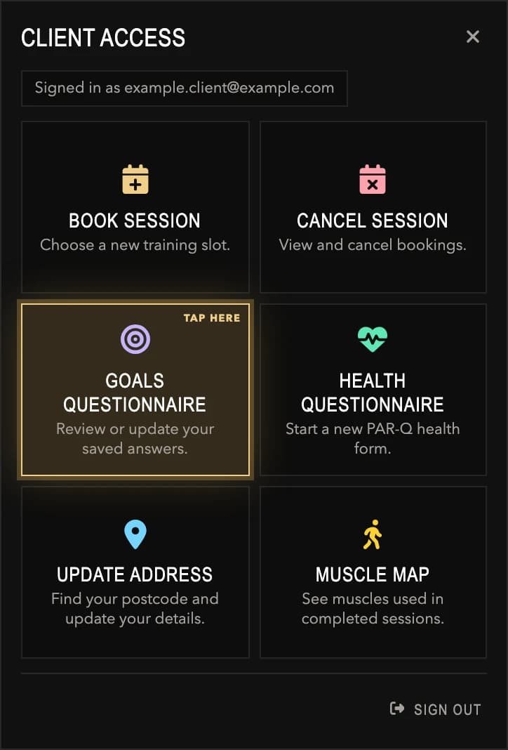 Client access menu with the Goals questionnaire button highlighted and labelled Tap here.