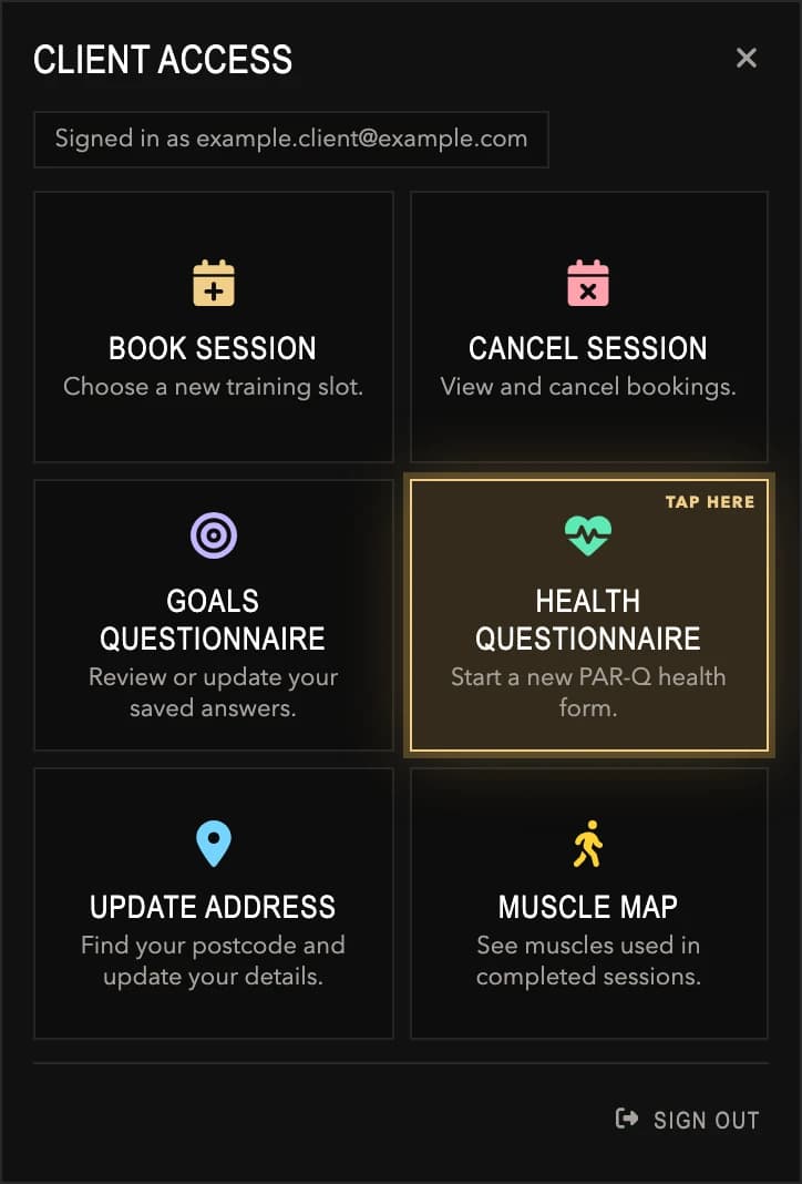 Client access menu with the Health questionnaire button highlighted and labelled Tap here.
