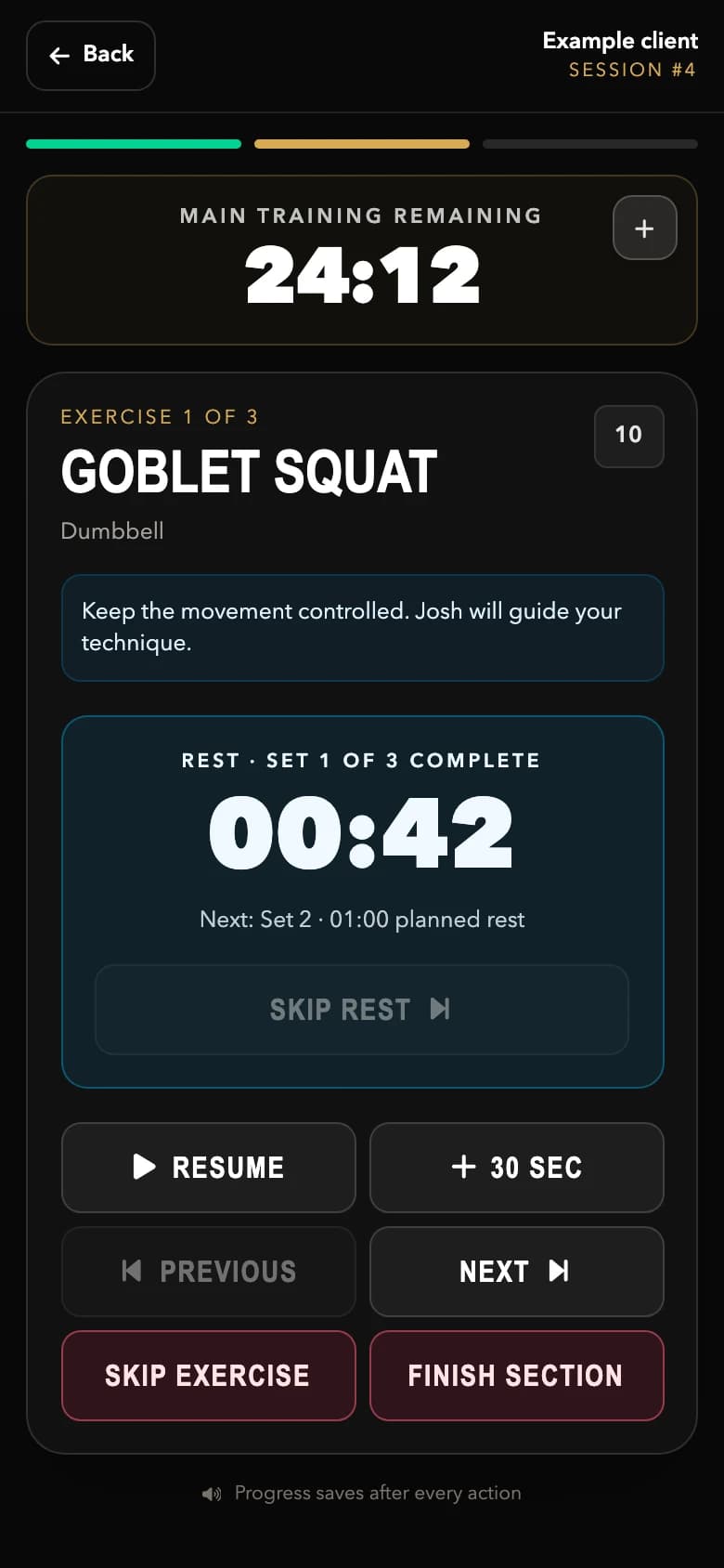Josh’s session delivery screen with a goblet squat, completed set count, planned rest timer and session controls, using fictional example data.